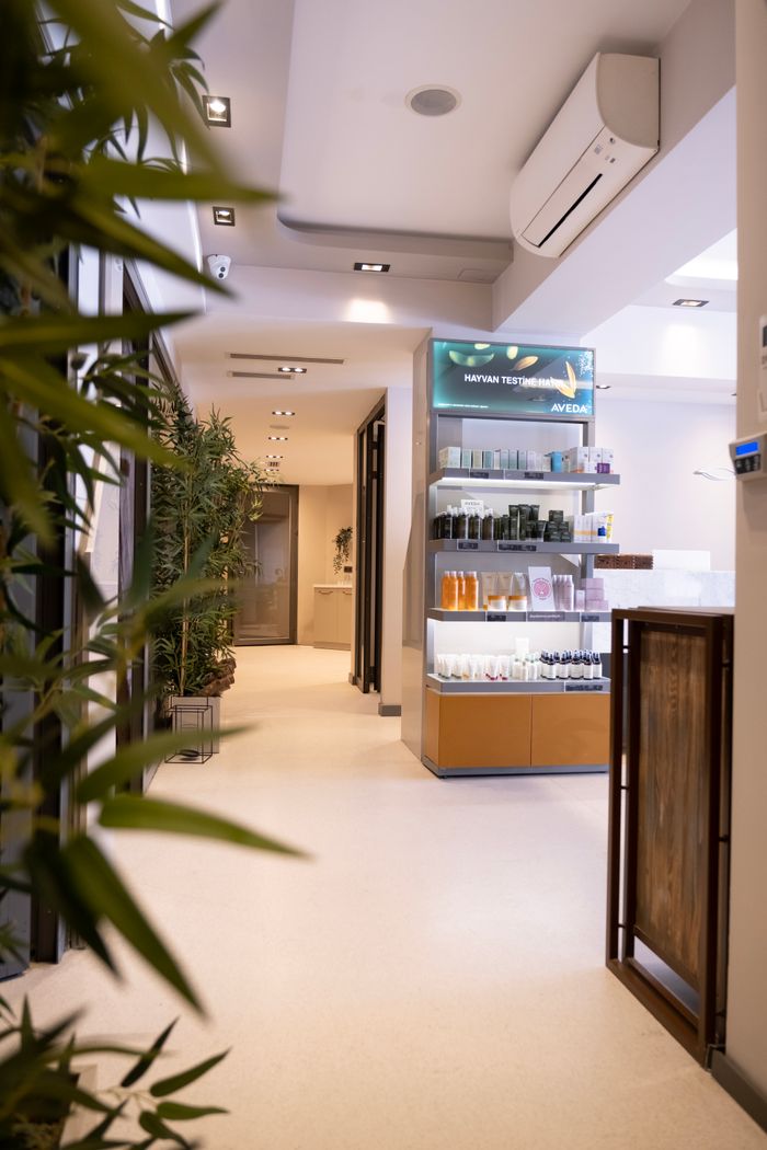 Elegant spa corridor featuring a product display and potted plants under soft lighting.